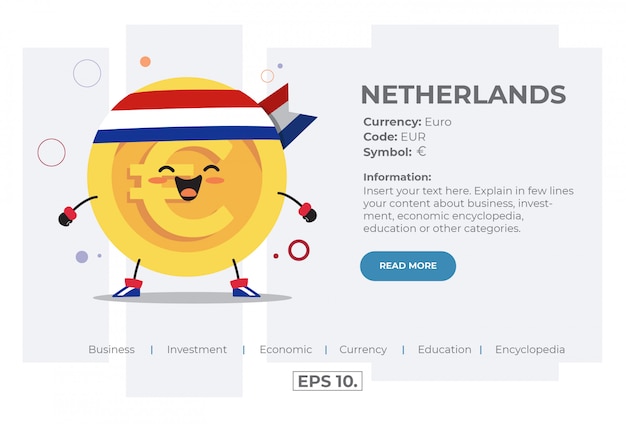 Cute kawaii coin character illustration concept of eur euro from netherlands