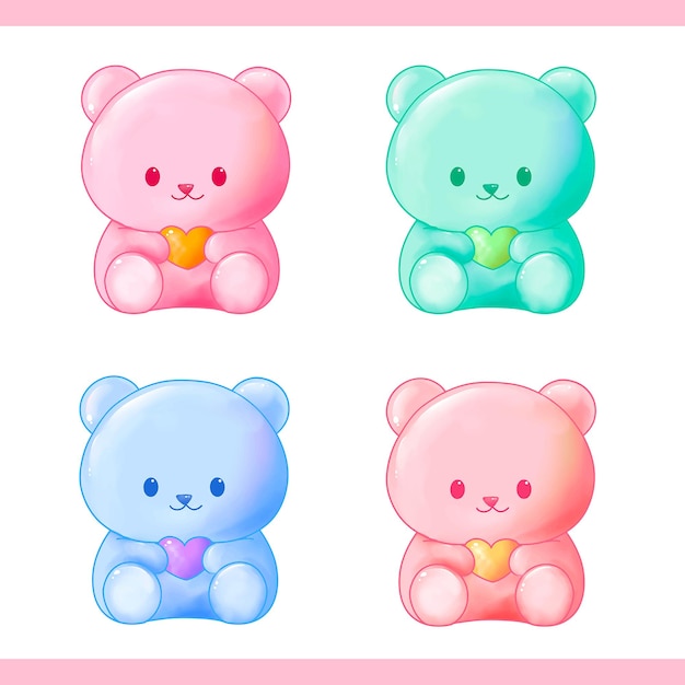 Vector cute kawaii colourful gummy bears set bundle