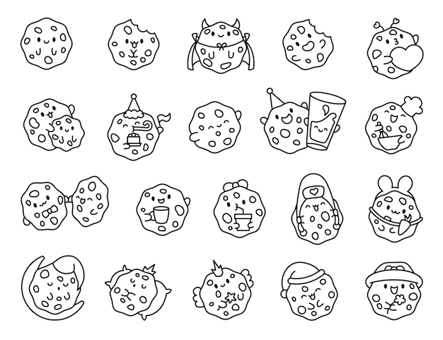 Cute kawaii cookies Coloring Page Cartoon choco chip characters Funny food Hand drawn style