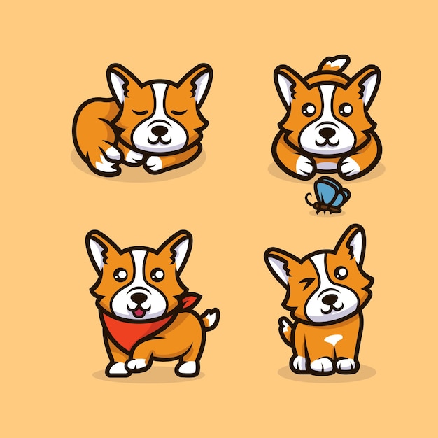 귀여운 Kawaii Corgi 개 마스코트 디자인 일러스트 벡터 세트 템플릿