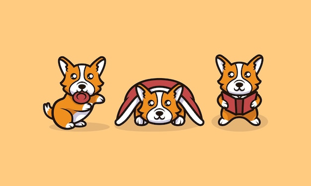 귀여운 Kawaii Corgi 개 마스코트 디자인 일러스트 벡터 세트 템플릿