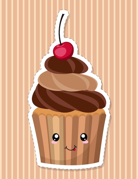 Vector cute kawaii cupcake character. chocolate cake decorated with whipped cream and cherry.