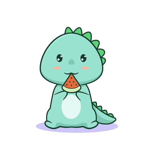 Vector cute kawaii dinosaur eating watermelon