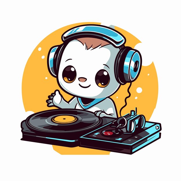 ベクトル ヘッドフォンとターンテーブルを搭載した可愛いカワイイdj ベクトルイラスト