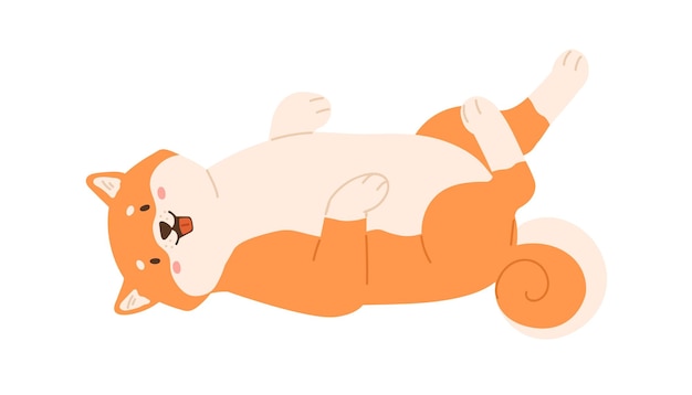 Cute kawaii dog of Shiba Inu breed lying belly up. Adorable playful puppy isolated on white background. Happy funny Japanese doggy. Colored flat vector illustration of sweet joyful Akita.