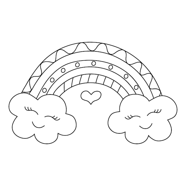 Carino kawaii doodle arcobaleno con nuvole illustrazione vettoriale disegnata a mano