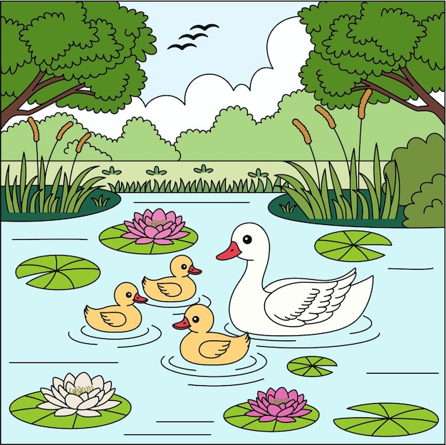 Cute kawaii a duck family is swimming in a tranquil pond cartoon character vector illustration