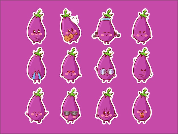 Симпатичные баклажаны Kawaii Иллюстрация персонажей Различные действия Набор значков талисмана Happy Expression