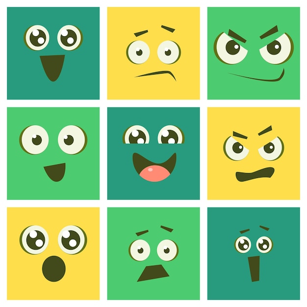 Вектор cute kawaii emoticons set emoji squares с смешными лицами и различными эмоциями векторная иллюстрация веб-дизайн