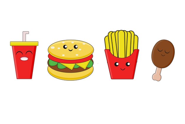 Vector cute kawaii fast food illustrations