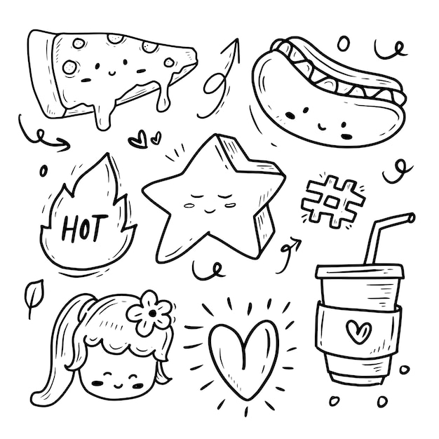 Vector cute kawaii fast food sticker collection set icon