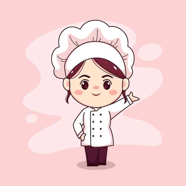 Simpatico e kawaii chef femminile cartone animato manga chibi vector character design