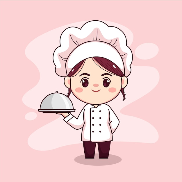 Simpatico e kawaii chef femmina cartone animato manga chibi personaggio vettoriale