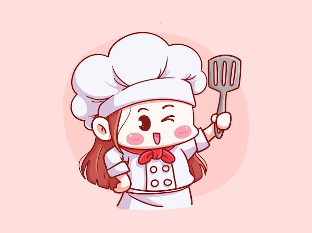 Cute and kawaii female chef holding spatula manga chibi illustration