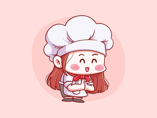 Chef femminile carino e kawaii benvenuto, grazie, bow gesture manga chibi illustration