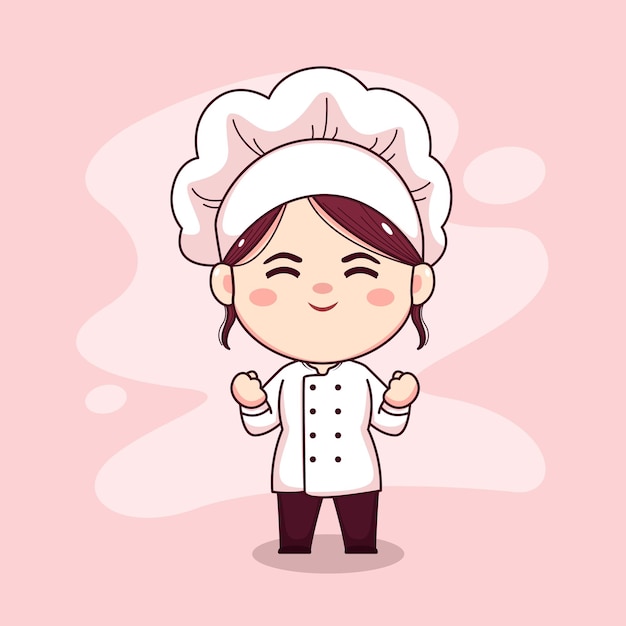 Cute and kawaii female chef with excited expression cartoon manga chibi vector character design