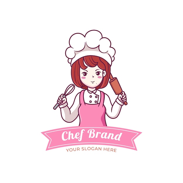 Vector cute and kawaii female chef with wood rolling pin manga chibi illustration logo