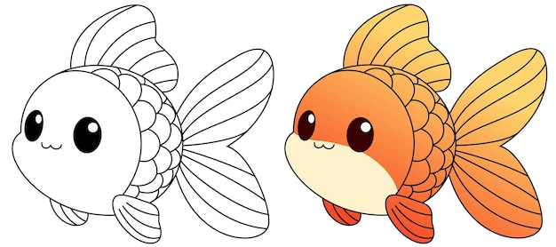 Vector cute kawaii fish cartoon character coloring page isolated on white background vector illustration