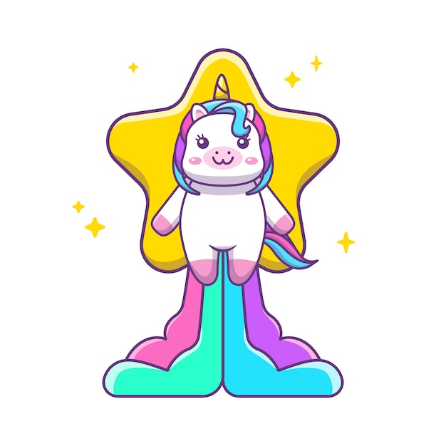 cute kawaii flying unicorn with star and rainbow rocket cartoon illustration