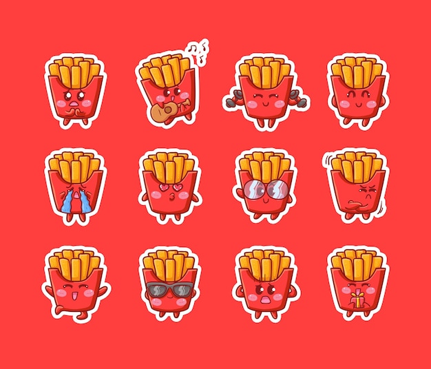 Vector cute kawaii french fries character sticker illustration various happy expression activity mascot