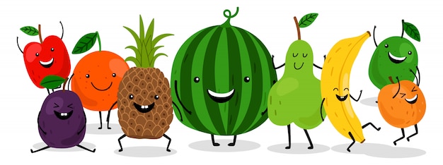 Cute kawaii fruits characters  set. Happy fruits illustration