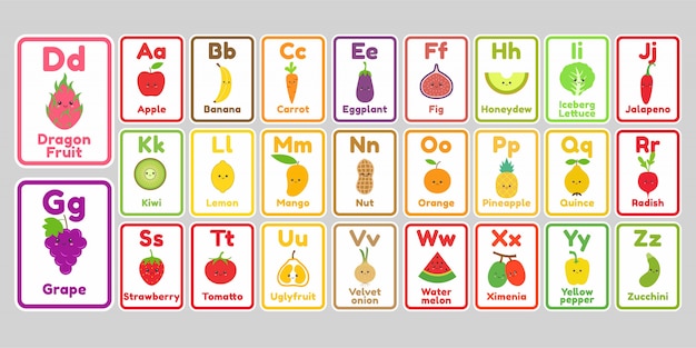 Vettore lettera di alfabeto di frutta e verdura kawaii carino per bambini