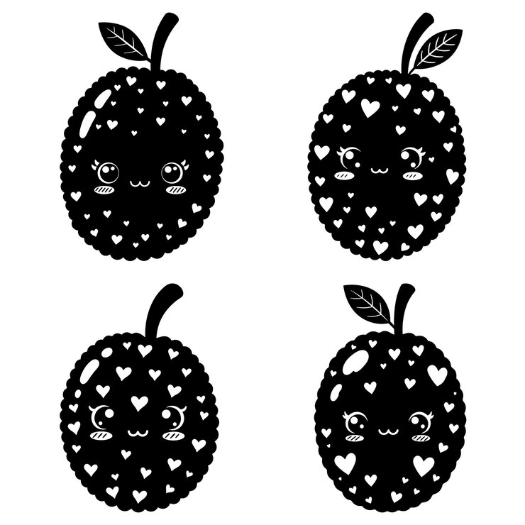 Vector cute kawaii fruits with hearts in black and white