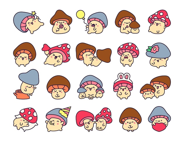 Cute kawaii funny mushroom Cartoon character in different poses Hand drawn style Vector drawing