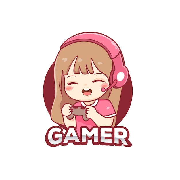 Cute kawaii gamer girl cartoon playing game console esport logo