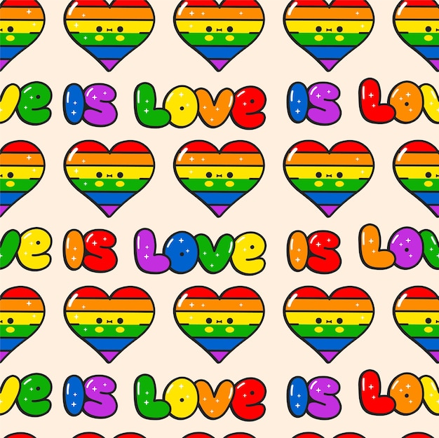 Carino kawaii gay heartlgbt seamless pattern vector doodle cartone animato personaggio illustrazione design gaylgbt rigtsrainbowheart seamless pattern stampa design per poster tshirt concept