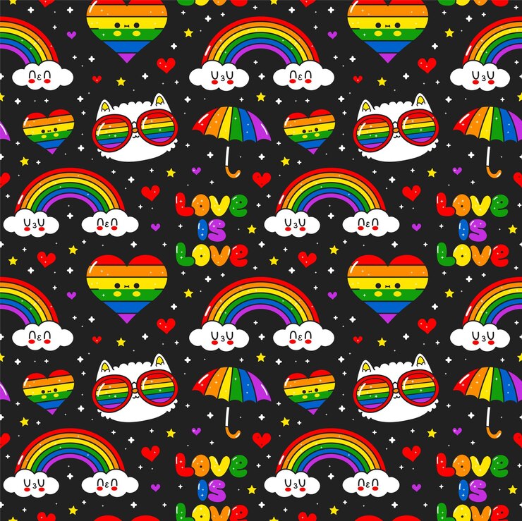 Vector cute kawaii gaylgbt seamless pattern vector doodle cartoon character illustration design gaylgbt rigtsrainbowheart seamless pattern print design for poster tshirt concept
