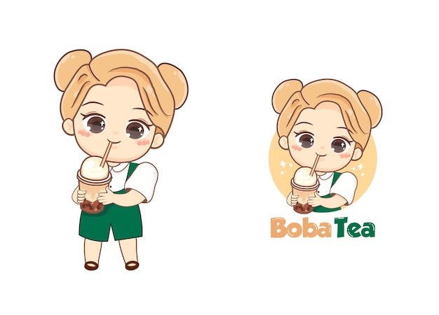 Cute kawaii girl drinking bubble milk tea logo cartoon art illustration