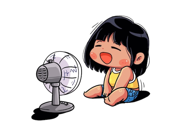 Ragazza carina e kawaii si sta rinfrescando con un ventilatore nella calda estate di chibi