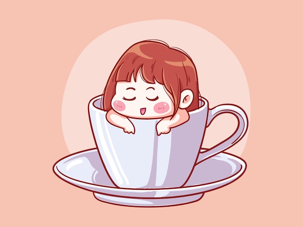 Ragazza carina e kawaii rilassarsi e immergersi in una tazza di caffè manga chibi illustration