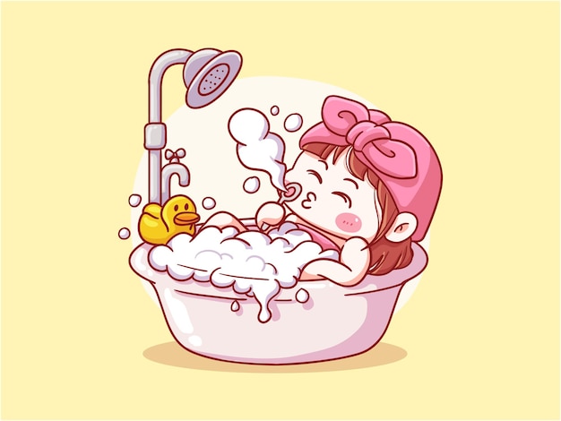 Vector cute and kawaii girl take a shower bath manga chibi