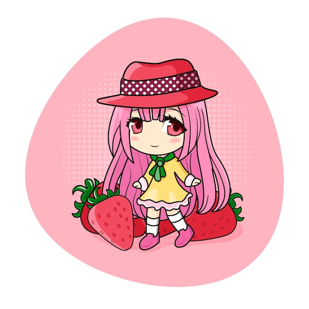 Cute and kawaii girl with pink hair. Happily manga chibi girl with strawberries. Vector Illustration