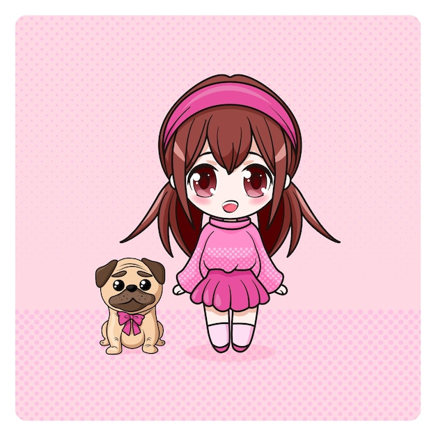 Cute and kawaii girl with pug. Happily manga girl with dog. Vector Illustration. Art for prints.