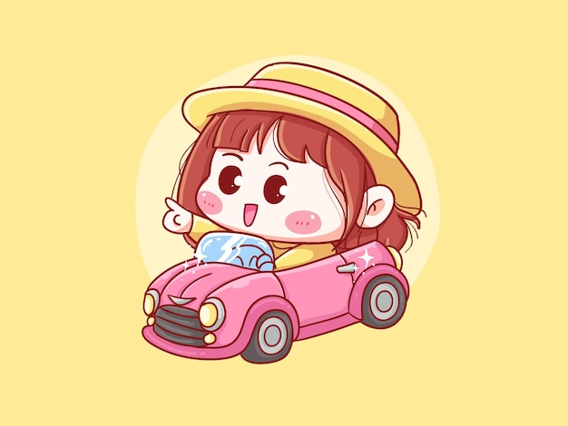 Carina e kawaii girl with straw hat drive auto decappottabile manga chibi illustration