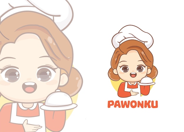 Carino kawaii ragazza donna chef felice sorriso faccia logo