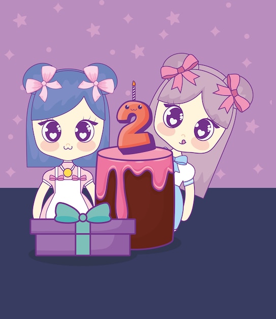 Cute kawaii girls with cake birthday card