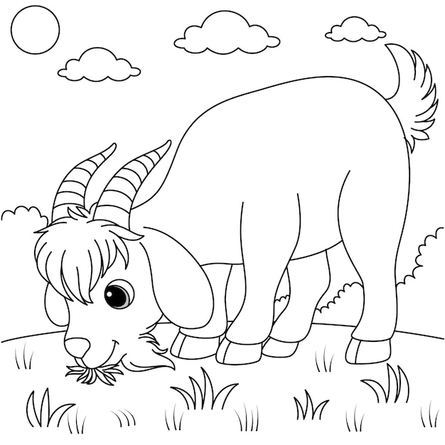 Cute kawaii a goat is grazing on the meadow cartoon character coloring page vector illustration