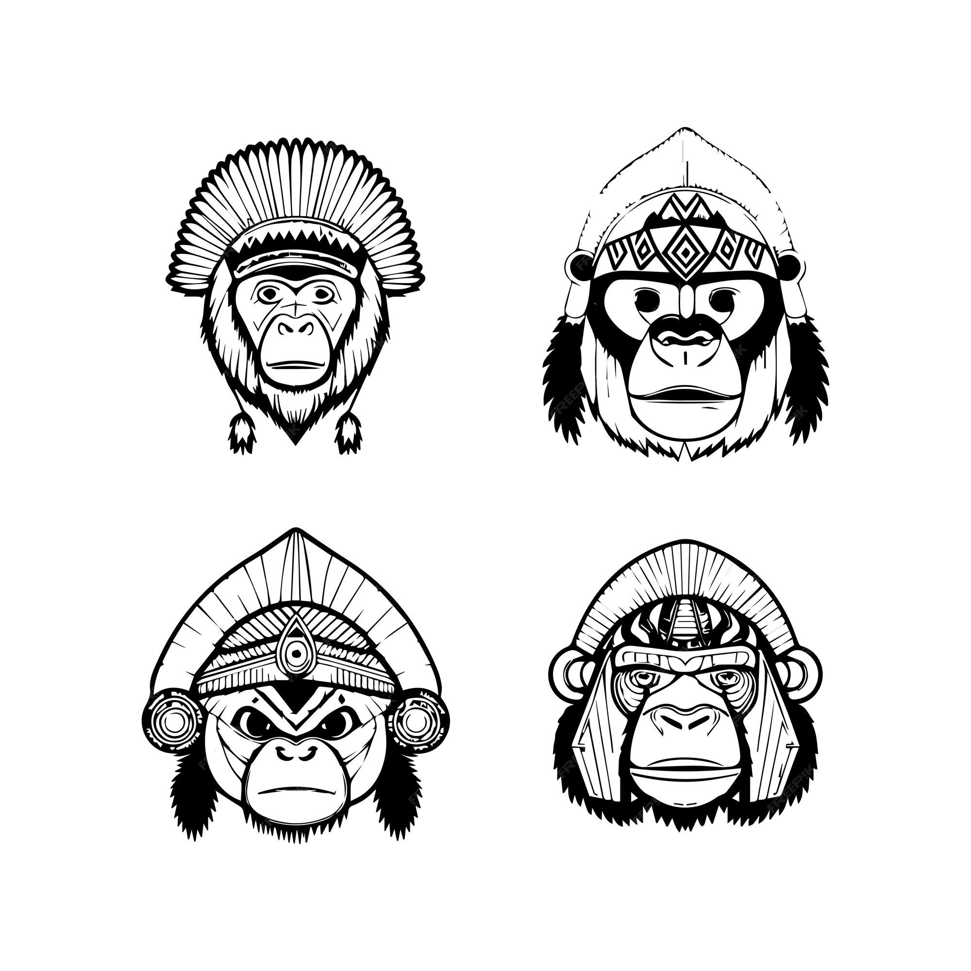 Premium Vector | Cute kawaii gorilla head wearing indian chief
