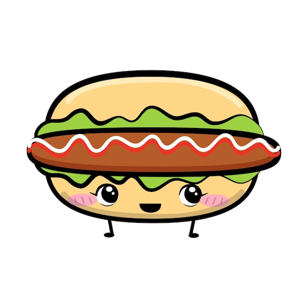 Cute kawaii hamburger character, cartoon style. Vector stock illustration.