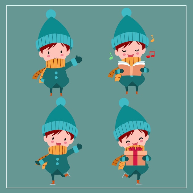 Cute Kawaii Hand Drawn Boys Wearing Winter Costume With Smiling And Funny Face In Different Poses