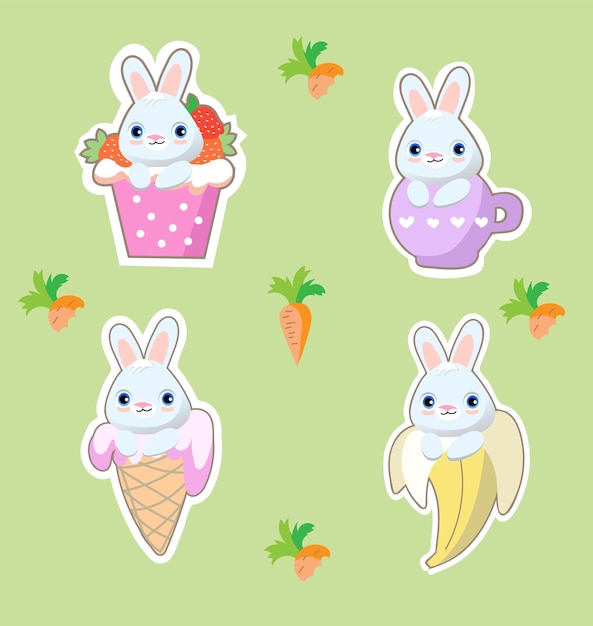 Vector cute kawaii hand drawn bunny in anime style in a cup of tee babana icecream strawberry cocktail