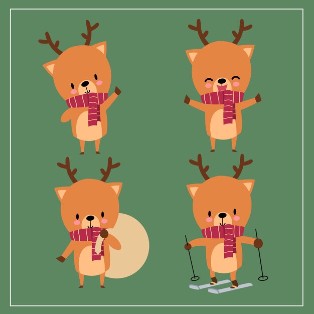 Cute Kawaii Hand Drawn Deer Wearing Scarf With Smiling And Funny Face In Different Poses