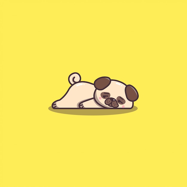 Vettore mascotte del cane del pug pigro e annoiato disegnato a mano sveglio di kawaii doddle.