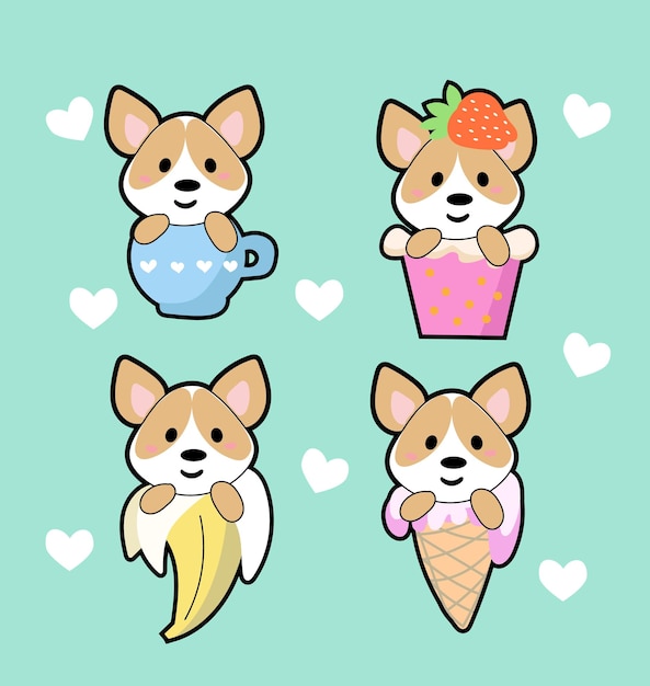 Vector cute kawaii hand drawn face corgy dog in anime style in a cup of tee icecream a strawberry cocktail