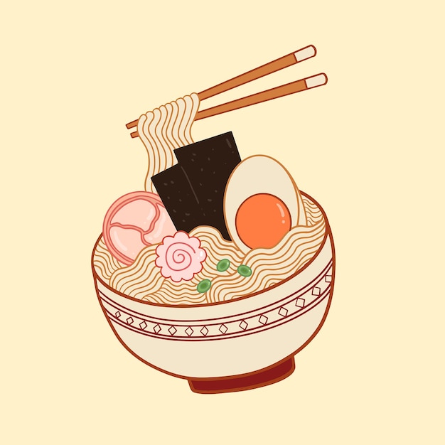 ベクトル かわいいかわいい手描きの日本ラーメン食品イラスト