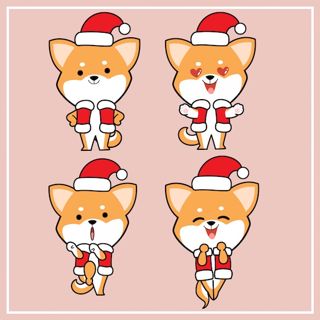 Cute kawaii hand drawn shiba inu dog character with christmas hat collection